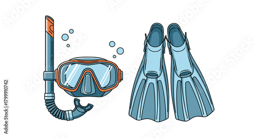 Illustration of a snorkel mask with goggles and fins for swimming and diving, isolated on white.
