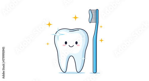 Cute cartoon tooth with a toothbrush and sparkling stars.