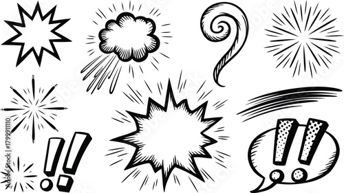Hand Drawn Comic Explosion Effects Set, Cartoon Burst, Shock Lines, Speech Bubble, Exclamation Marks Vector Illustration