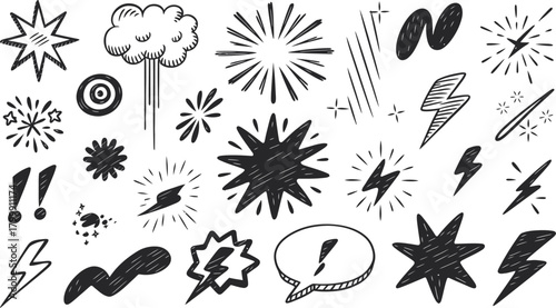 Comic Explosion and Starburst Effects Set, Cartoon Burst, Lightning, Flash, Motion Lines Vector Illustration
