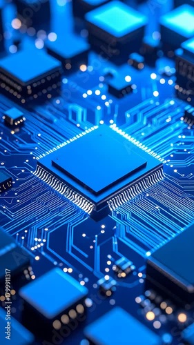 Wallpaper Mural Close-up of an illuminated computer circuit board with microprocessor for data computing and processing, blue, digital world Torontodigital.ca