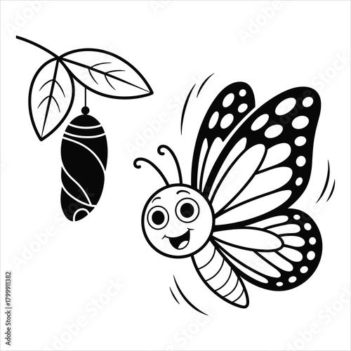Smiling cartoon butterfly flying near chrysalis on a green leaf isolated on white background, Vector