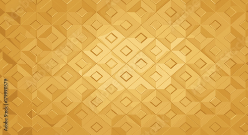 Golden geometric rhombus pattern with 3D relief effect, abstract background.