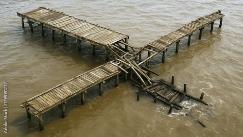 Broken wooden piers crossing over murky brown water