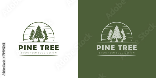 Pine Tree Logo Design with Vintage Forest Landscape Symbolizing Wilderness, Evergreen, Adventure, and Outdoor Nature for Camping Brand, Forestry Business, and celebration elements