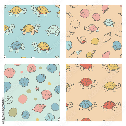 Cute, repeating patterns of sea turtles and seashells in pastel colors, perfect for children's products like fabrics, stationery, or wrapping paper.