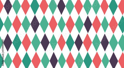 Seamless harlequin pattern with coral, teal, and deep purple diamonds on a white background.