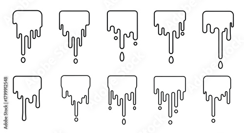 Set of ten graphic elements depicting dripping liquid or melting shapes, outlined in black on a white background.