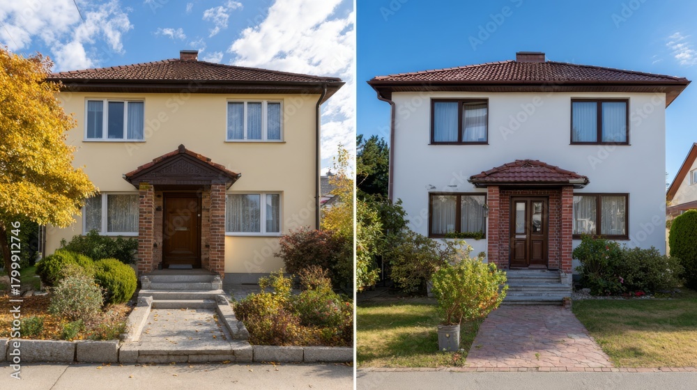 Fototapeta premium Two-story suburban homes showcasing distinct architectural styles and landscaping, featuring vibrant fall colors and clear blue skies.