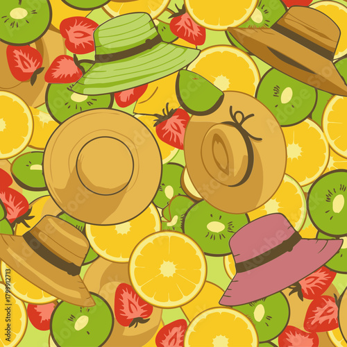 Summer fruit and hat pattern with various fruit slices and straw hats, featuring vibrant colours and a summery theme. Stylish fashion accessory pattern with diverse fruits.