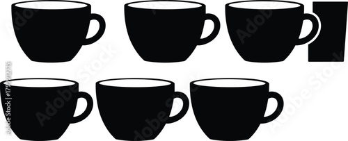 Coffee cup silhouette set, black mug vector collection for café design, beverage illustration, restaurant branding, kitchen decor, and drink icon creation