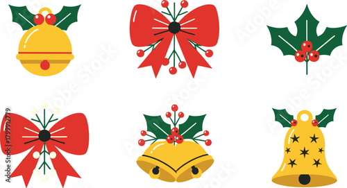 Christmas bells and bows clipart set with holly leaves berries festive holiday decorations PNG for cards crafting sublimation
