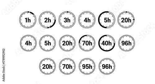 Collection of circular clock icons representing various hour durations from 1h to 96h.