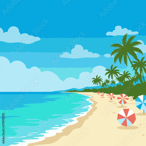 Tropical beach scene with colorful beach umbrellas on the sandy shore. Relaxing coastal view with lush palm trees and gentle waves.