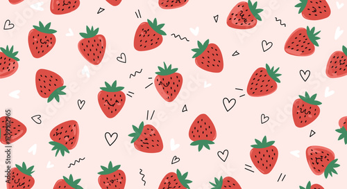 Cute cartoon strawberries with happy faces scattered across a light pink background.