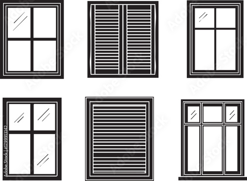 Create kinds of Different window frame outline icon building house interior design vector pane glass wooden shutter home louver architecture flat silhouette.
