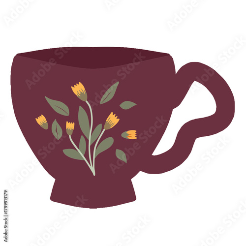 cup of tea with flowers in flat style for decorative projects and creative design assets.