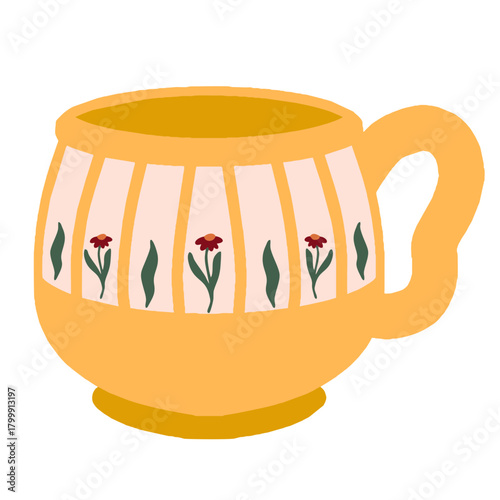 Cute floral tea cup illustration in flat style for decorative projects and creative design assets.