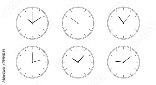 Six different clock faces showing various times on white background.