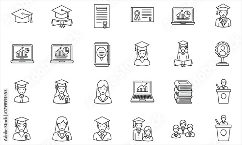 Collection of Academic Icons Graduation Caps, Diplomas, and Laptop Computers in Vector Design