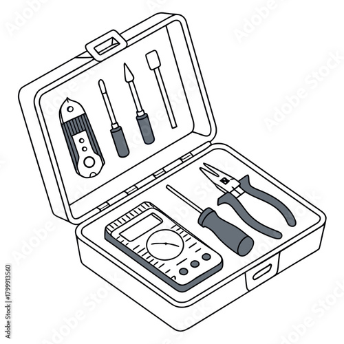 Open toolbox with various electrical tools isolated on