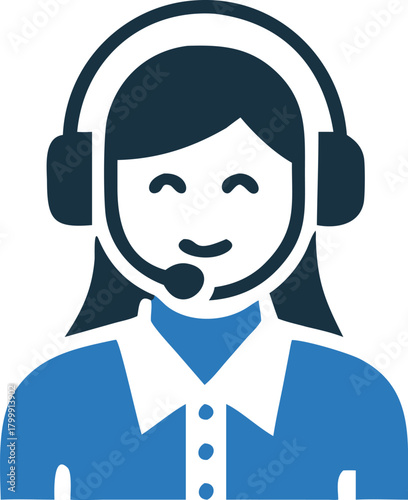 Smiling woman with headset presents blue collared shirt icon nicely