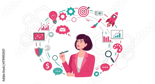 Creative woman envisioning business growth and innovative solutions, surrounded by data charts, rocket launch, and strategic planning icons on white