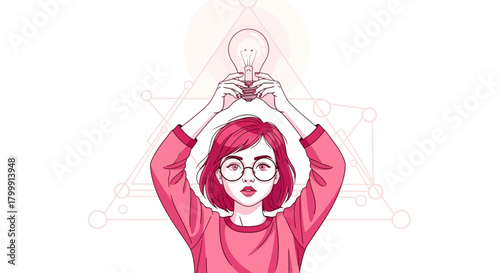 Bright idea strikes! Woman holding glowing light bulb above head, radiating positive energy and innovative thinking for business solutions and creative inspiration