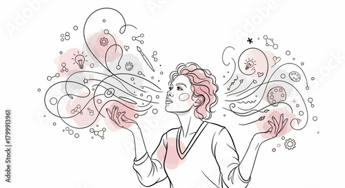 Creative woman conjuring artistic ideas and inspiration with vibrant imagination, empowering her artistic expression and innovative mindset for design projects