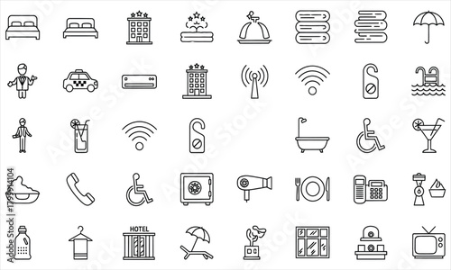 Set of minimalist outline icons for hotel amenities, hospitality services, travel accommodations, and guest facilities vector illustrations