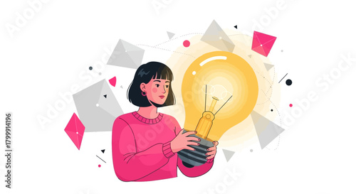 Creative woman holding glowing lightbulb, a symbol of innovation, inspiration, and fresh ideas for the future with a modern design aesthetic
