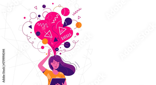 Creative woman with tablet expressing vibrant ideas and inspiration, perfect for modern marketing, design, and forward thinking campaigns