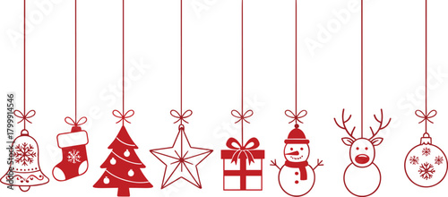 Christmas hanging ornaments clipart, red holiday line art bells stockings tree star gifts snowman reindeer baubles PNG bundle