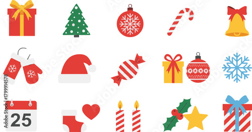 Christmas icon clipart set with gifts tree ornaments candy cane bells stockings calendar snowflake PNG for cards crafts