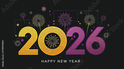 Happy new year 2026 text with colorful fireworks and confetti on a dark background, celebrating the upcoming year with festive elements and a sense of joy and excitement for the future