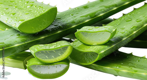 Fresh aloe vera leaves with water drops isolated on white background