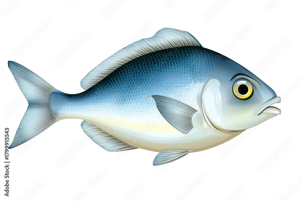 Fototapeta premium Illustration of a blue fish isolated on transparent background, showcasing its fins, scales, and eyes, perfect for educational materials or marinethemed designs