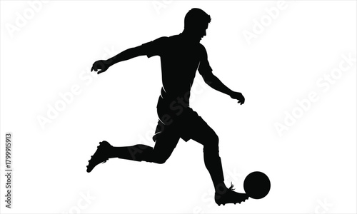 Dynamic vector silhouette of a male soccer player powerfully kicking a football, showcasing athletic skill and motion on a clean white background, perfect for sports branding and design elements