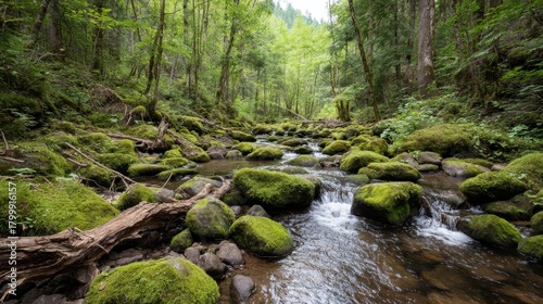 Serene mosscovered stream cascading over rocks in misty forest with weathered branch and abundant greenery