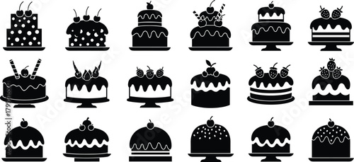 Collection of delicious cake silhouette icons, dessert and bakery symbols with icing, cream, fruits, and decoration for celebration and party design