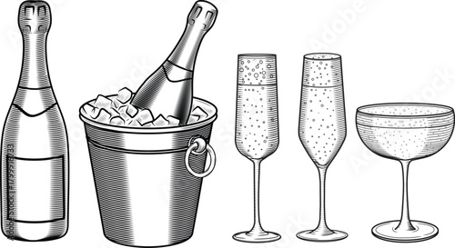 A bottle of champagne with ice in a bucket and glasses, a set of hand-drawn vector clip art illustrations in line art style. A sketch of sparkling wine for a bar and menu