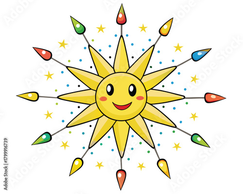 Sun cartoon with colorful rays and stars