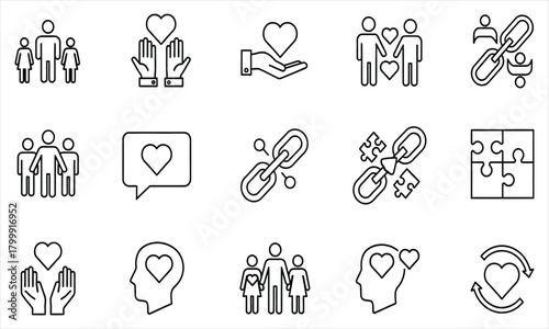 Collection of Line Art Icons Illustrating Relationships, Community, and Giving in Black and White