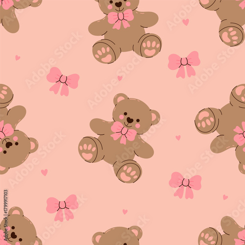 Seamless pattern with cute teddy bears and bows. Vector graphics.