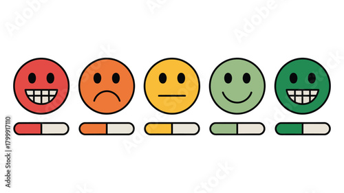Customer feedback and service evaluation system with five colorful emoji faces representing satisfaction levels from angry to very happy with progress bars.