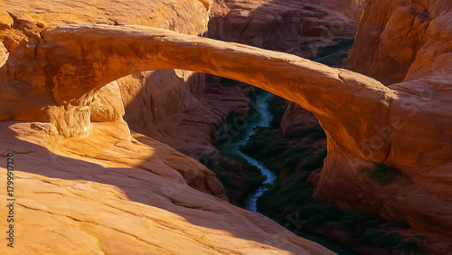Natural sandstone arch over a winding river in a canyon