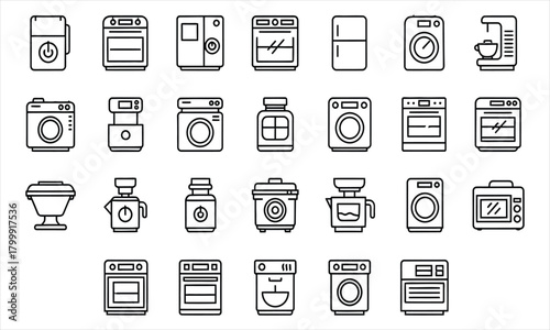 Comprehensive Set of Modern Home Appliances Icons - Vector Outline Design for Kitchen and Laundry Room Electronics - Daily Household Gadgets Collection
