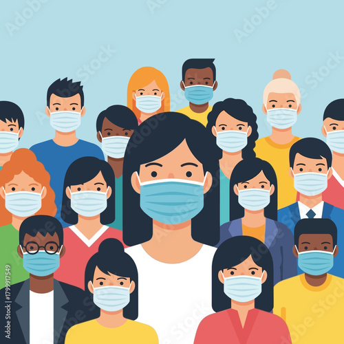 A diverse group of people from different backgrounds all wearing protective medical face masks.