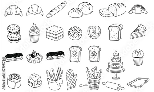 Collection of bakery elements, including croissants, bread, pastries, and baking tools outlined