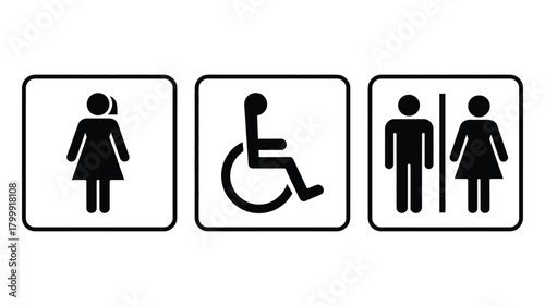 Restroom sign set with universal accessibility symbols including female, disabled, and gender-neutral icons for public facilities